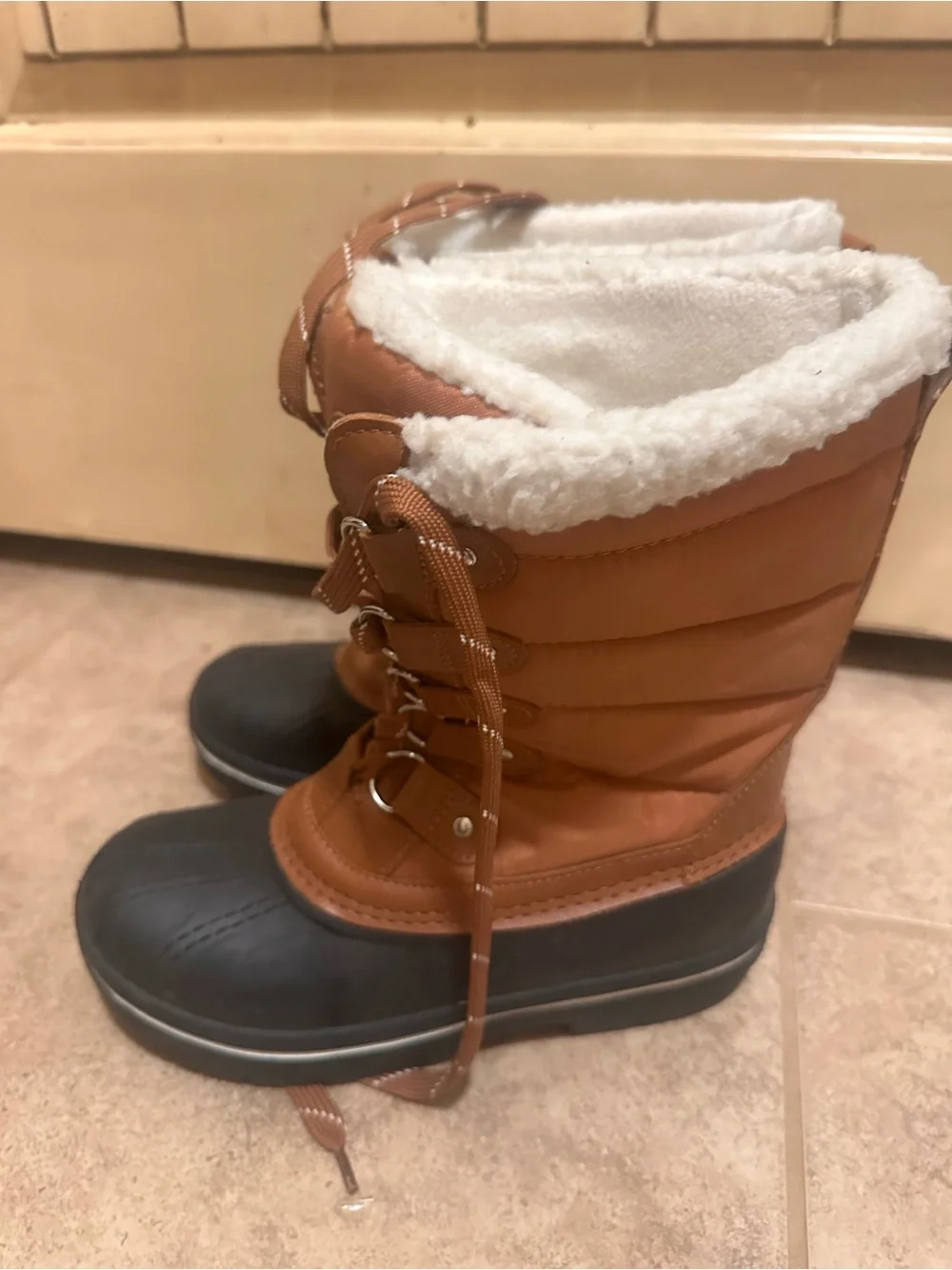 DSG Brown and Black Kids' Lace-Up Rain & Snow Boots with Plush Collar